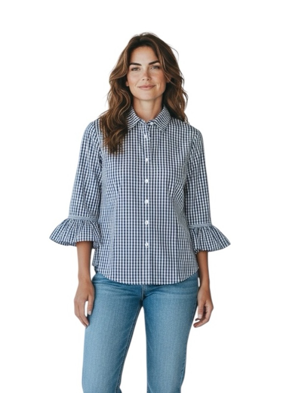 Gretchen Scott Designs Blue Gingham Button-Front Ruffle Sleeve Shirt